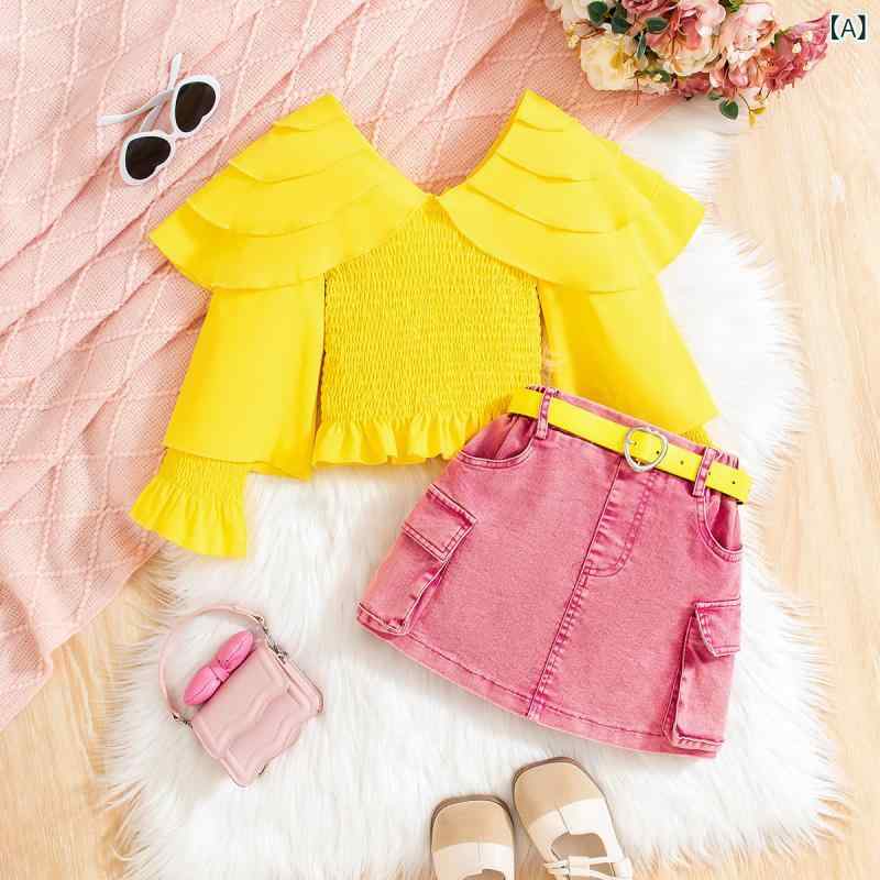 セットアップ 女児 ガールズ Vネック フリル ウエストマーク ランタンスリーブ トップス デニム ショー..