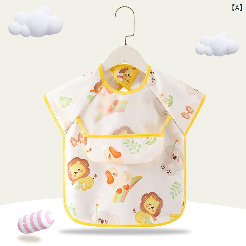 離乳食エプロン ベビー キッズ 子供 男の子 女の子 食事用 スモック 袖付き 防水 防汚 ポリエステル か..
