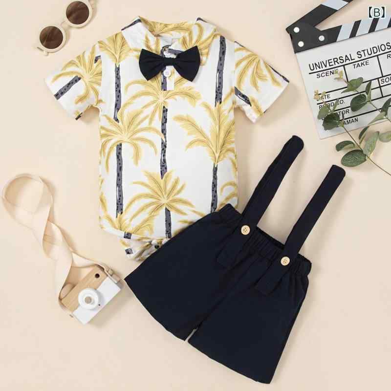 セットアップ ベビー 男の子 紳士風 フォーマル 欧米風 ブリティッシュ 半袖 襟付き ロンパース ショートパンツ サロペット ツーピース ポリエステル素材 柔らかい 肌に優しい お出かけ 普段着 春夏