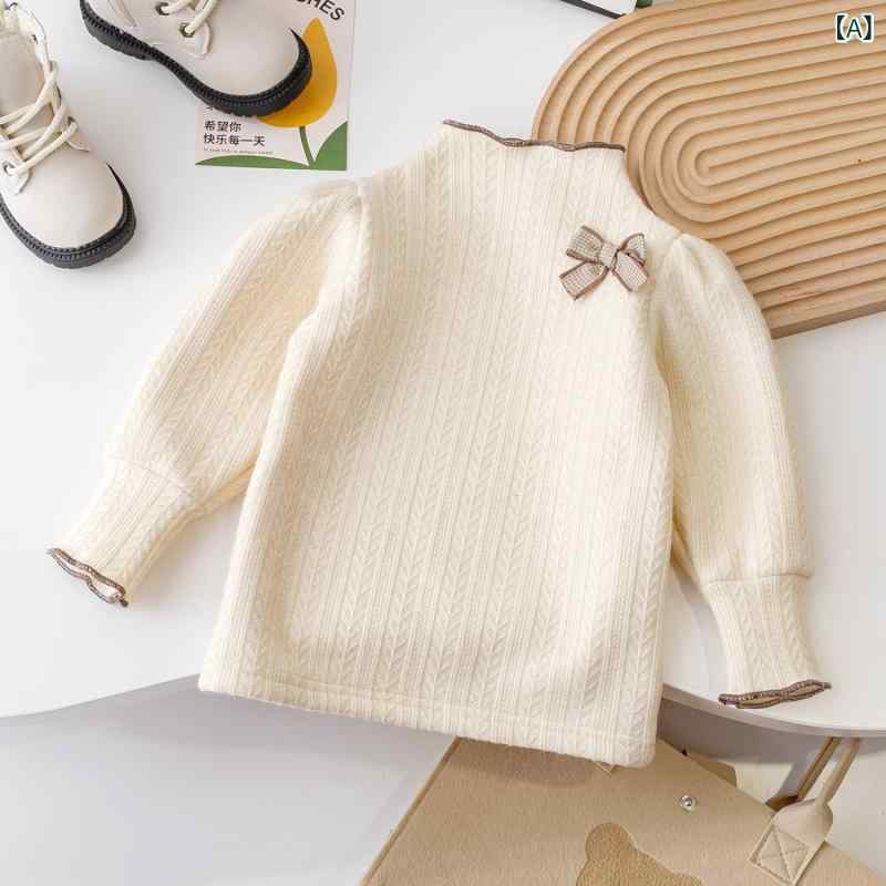 カットソー ベビー 女の子 乳幼児 女児 長袖 裏起毛 パフスリーブ ボリューム袖 綿 コットン 柔らかい あったか 保温 防寒 かわいい カジュアル レース リボン 普段使い デイリー 秋冬