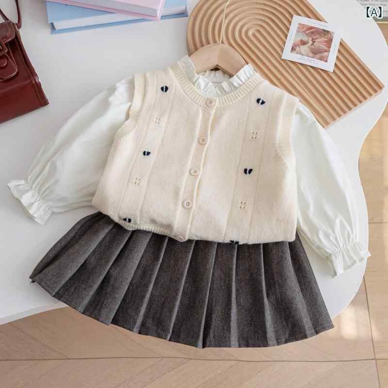 セットアップ キッズ ベビー 女の子 学院風 ニットベスト ブラウス プリーツスカート 3点セット 春秋 ..