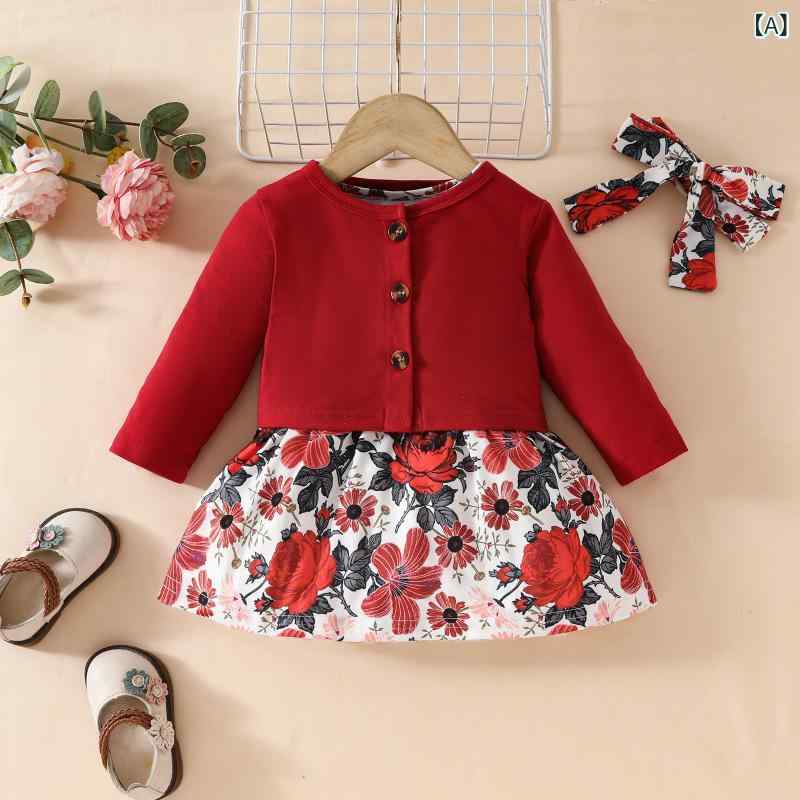 ベビー服 女の子 長袖アウター ノースリーブワンピース 花柄 蝶々 コットン ニット 2点セット 春秋 お出かけ 普段使い カジュアル ワインレッド パープル ピンク 0-3歳