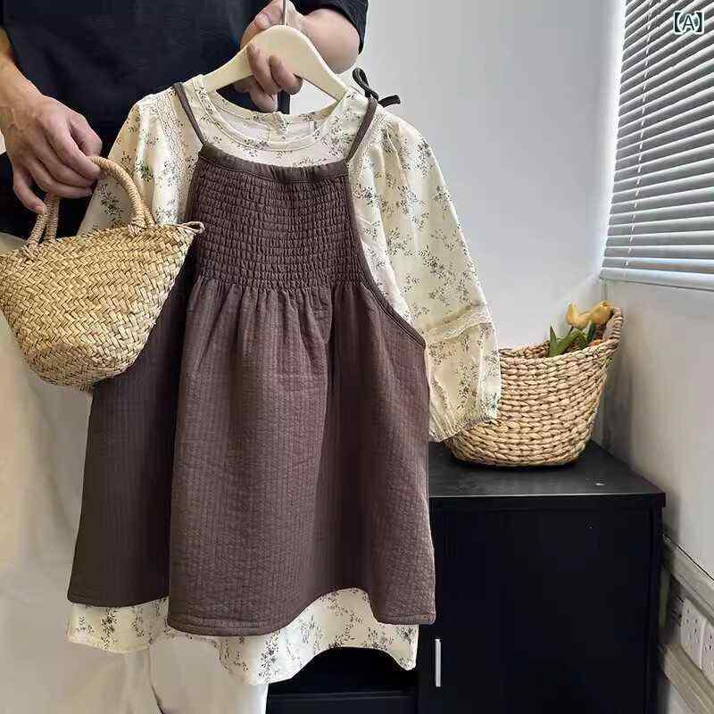 ワンピース キッズ 女の子 ベビー 綿 コットン 小花柄 フラワープリント ゆったり パフスリーブ ボリューム袖 レースフリル プリンセスドレス お姫様 Aライン かわいい 上品 秋冬 おしゃれ 普段使い お出かけ