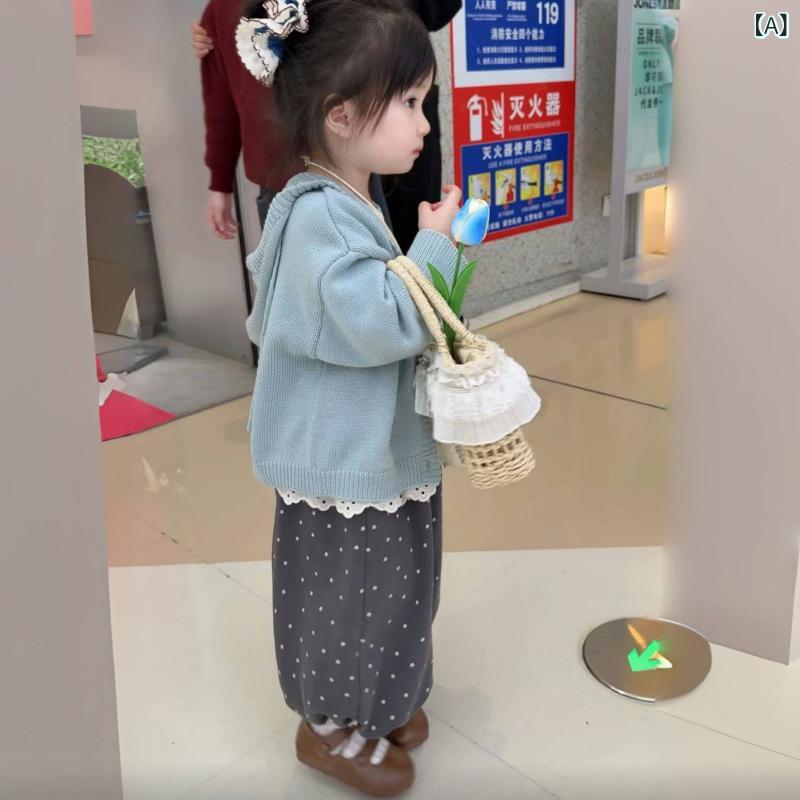 キッズ セットアップ 女の子 ガールズ 韓国風 森ガール風 ナチュラル 田園風 ニット カーディガン トップス ロングパンツ 3点セット 無地 ダブルボタン 柔らかい肌触り コットン 綿 ポリエステル 普段使い お出かけ 春秋