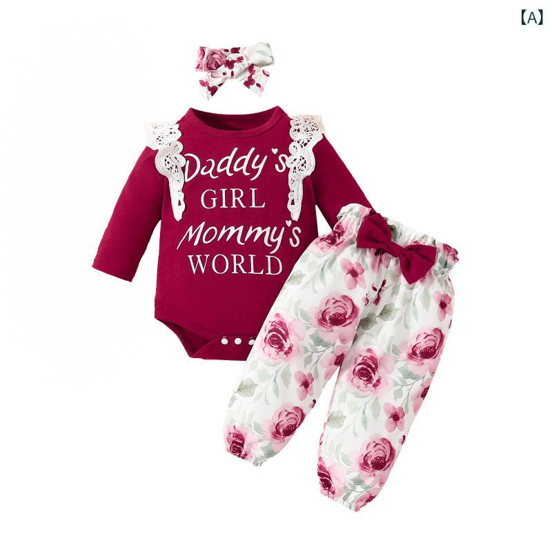 Coverall - ベビー服 女の子 幼児 セットアップ 長袖 トップス レース フリル アルファベット 花柄 リボン ロングパンツ 綿素材 柔らかな肌触り 3点セット かわいい おしゃれ 欧米風