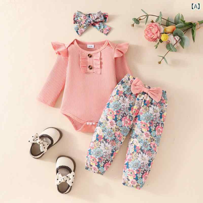 ベビー服 女の子 ベビー 長袖 ロンパース カバーオール リブ コットン プリント 長ズボン ロングパンツ..