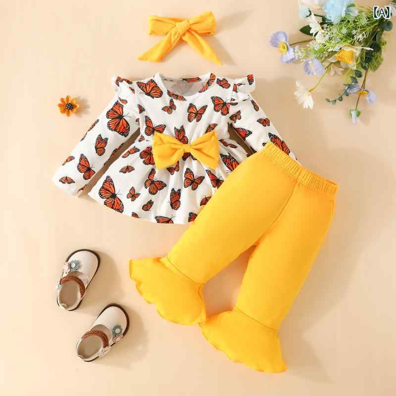 ベビー 女の子 秋冬 欧米風 カジュアル 長袖 ニット トップス 蝶々柄 フレアパンツ ロングパンツ ヘアバンド 3点セット 普段着 お出かけ 柔らか 肌触り ポリエステル
