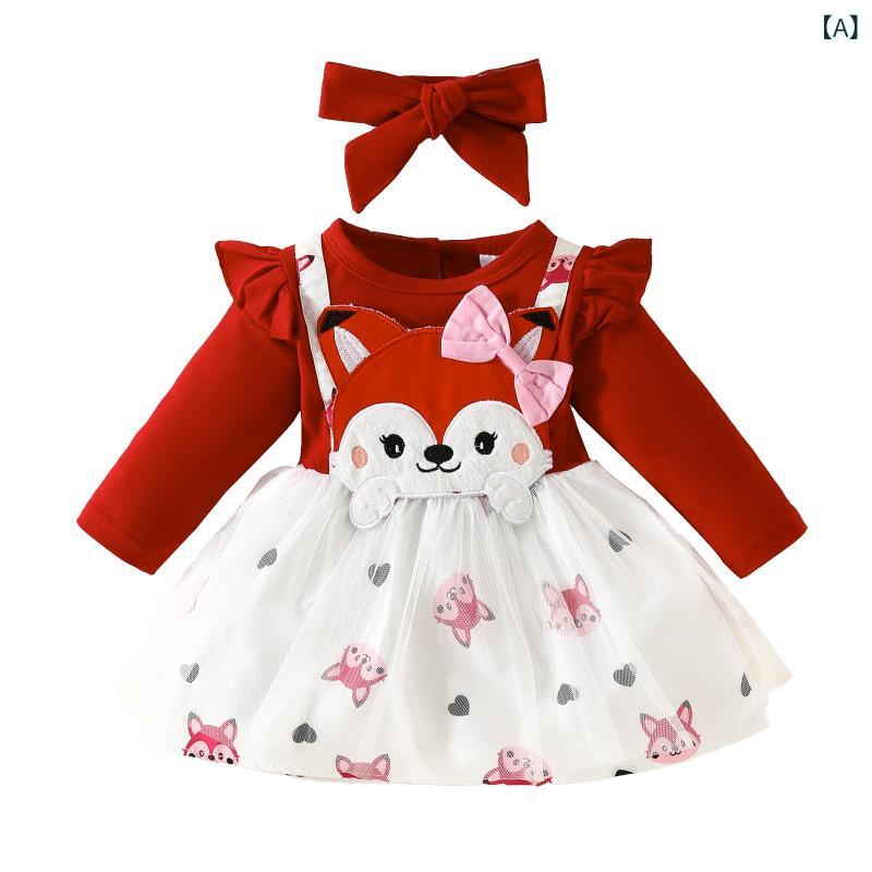 ワンピース ベビー 女の子 長袖 狐柄 刺繍 フェイクサスペンダー サロペット風 メッシュ チュール リボン 蝶結び プリント 総柄 プリンセスライン フレア かわいい ガーリー 動物柄 お出かけ着 春秋 ポリエステル