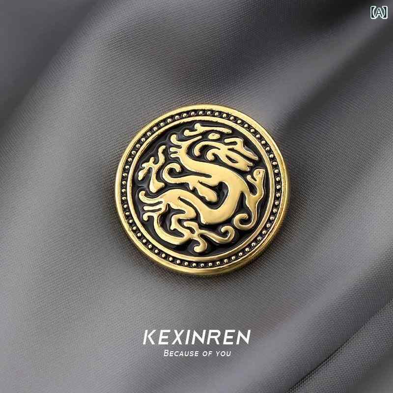 ブローチ メンズ 男女兼用 高級感 レトロ 民族風 龍柄 ドラゴン 吉祥模様 丸型 スーツ ジャケット コー..