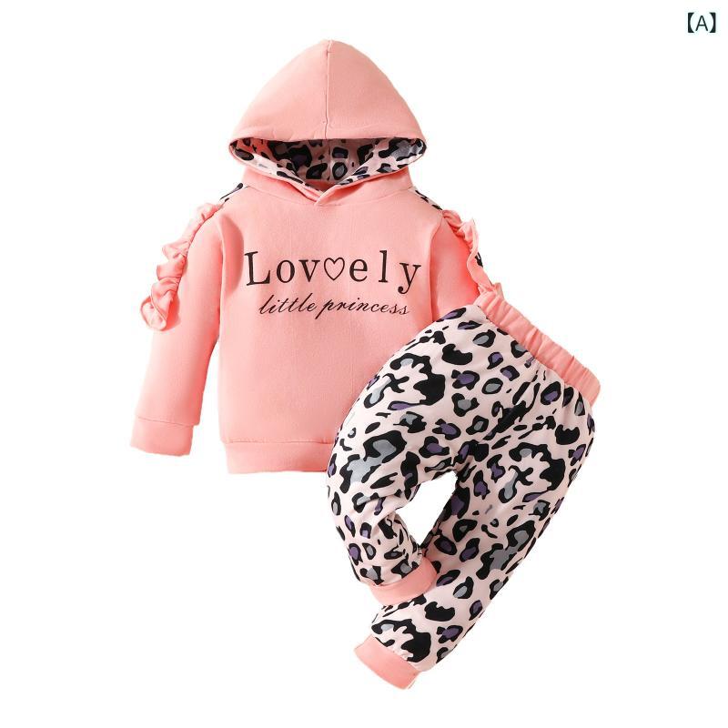 セットアップ 女の子 ベビー 幼児 フード付き アルファベット フリル 長袖トップス ヒョウ柄 ロングパ..