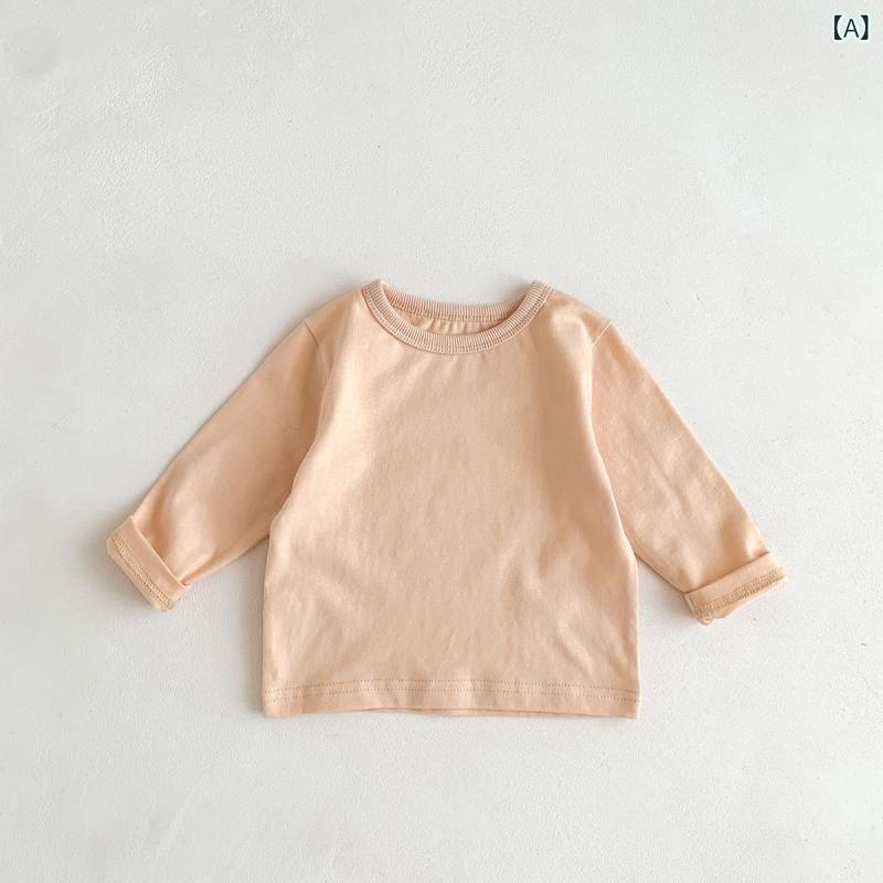 Tシャツ ベビー キッズ 男女兼用 韓国風 春秋 ボーダー ストライプ 丸首 長袖 綿 コットン 伸縮性 ソフ..