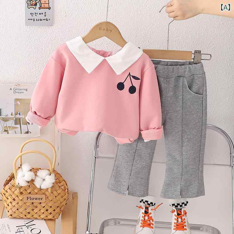 樂天商城 - ベビー服 女の子 ポロ襟 長袖 スウェット セットアップ 上下セット パンツスタイル チェリー柄 かわいい カジュアル 韓国風 綿 コットン 幼児服 子供服 春秋 プルオーバー