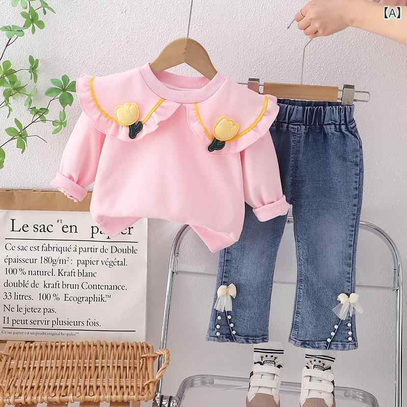 ベビー服 女の子 春秋 セットアップ 綿 コットン 韓国風 かわいい プリンセス チューリップ柄 長袖 長..