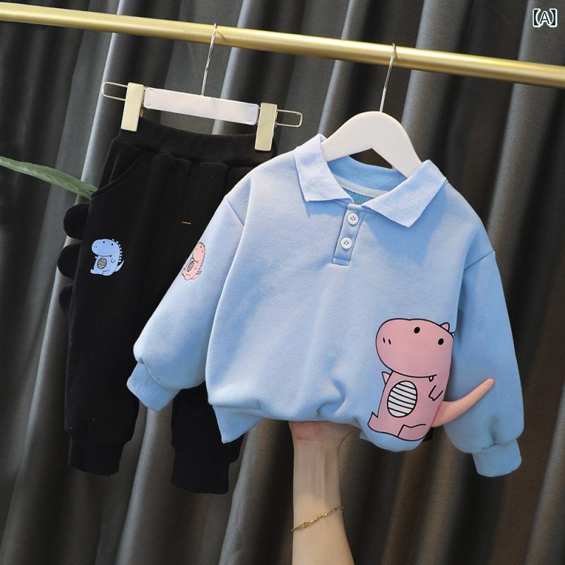 セットアップ ベビー 男の子 冬 裏起毛 厚手 かわいい 恐竜柄 長袖 長ズボン コットン 韓国風 ルームウ..