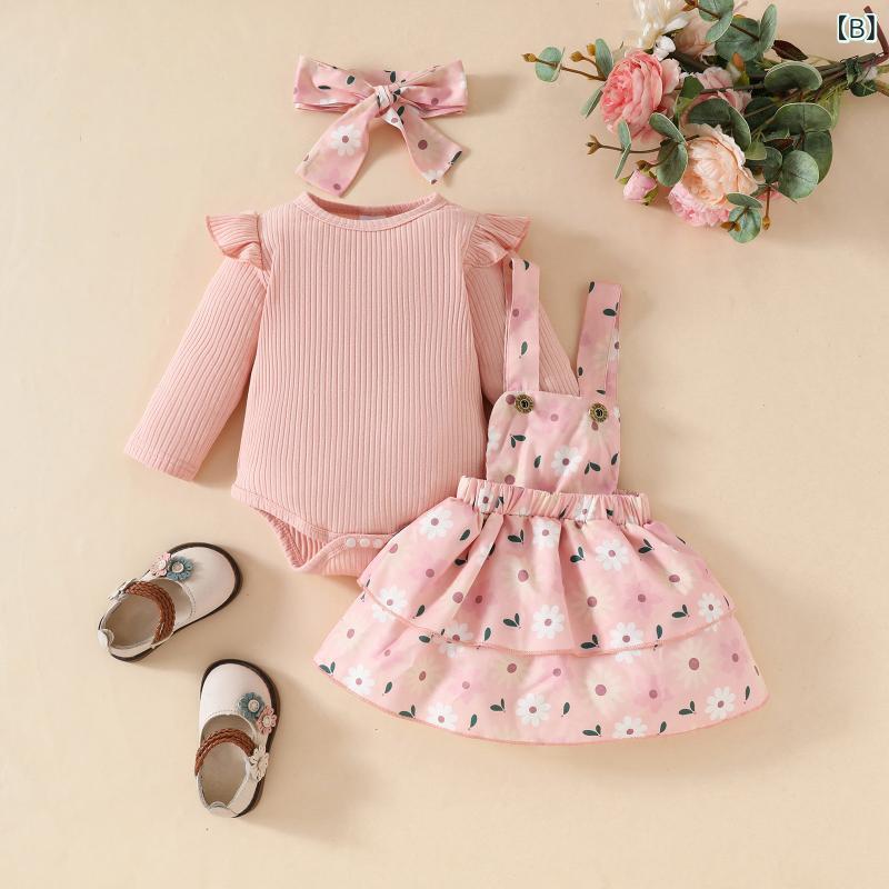 ベビー服 女の子 欧米風 リブ 長袖 ロンパース 小花柄 サロペットワンピース かわいい スナップボタン 綿素材 柔らかい 三点セット おしゃれ 普段着 お出かけ