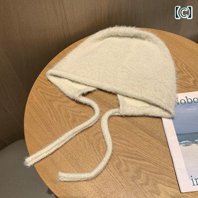 ニット帽 レディース 秋冬 フェイクミンクファー リボン 保温 防寒 防風 耳まで暖かい 丸型ヘッドラップ 普段使い ストリート カジュアル ブラック オフホワイト