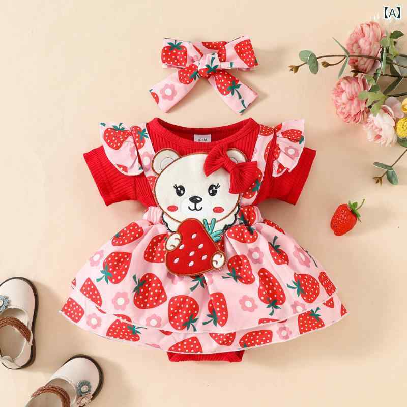 ロンパース ベビー 女の子 夏 半袖 リブ かわいい くま いちご柄 フェイクサロペット 赤 ポリエステル 新生児 プルオーバー 普段使い