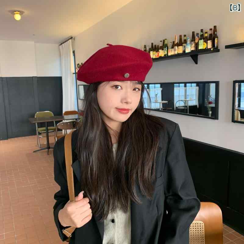 ベレー帽 男女兼用 ユニセックス ウール 羊毛 レトロ クラシック 小顔効果 防風 保温 暖かい ニット 帽子 秋冬 ブラック ワインレッド キャメル グレー カーキ カジュアル 上品 おしゃれ 2