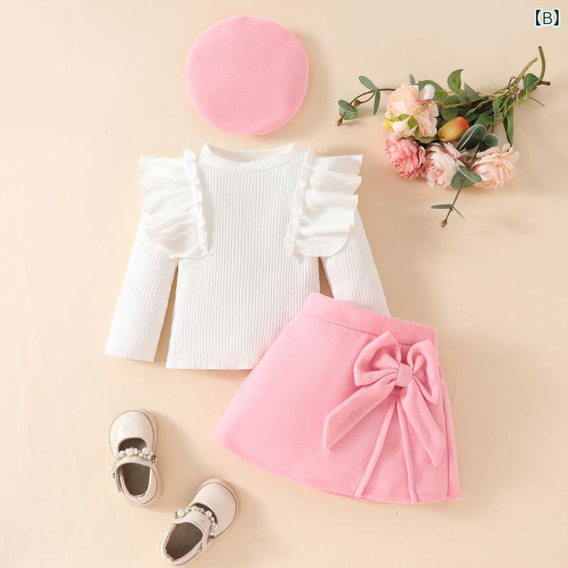 ベビー 女の子 3点セット リブ フリル 長袖トップス リボン 裏起毛スカート ベレー帽 秋冬 綿 暖かい 防寒 伸縮性 欧米風 お出かけ レッド ピンク
