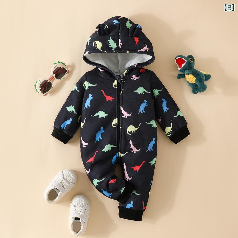 ロンパース ベビー 恐竜プリント スウェット フード付き 長袖 長ズボン ジップアップ 裏起毛 厚手 秋冬 カジュアル おしゃれ