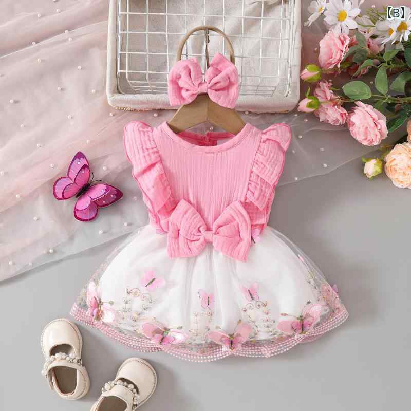 ワンピース ベビー 女の子 春秋 スイート かわいい 長袖 蝶モチーフ シフォン ネットチュール ポリエステル 織物 ソフト加工 Aラインスカート ピンク系 普段使い お出かけ カジュアル
