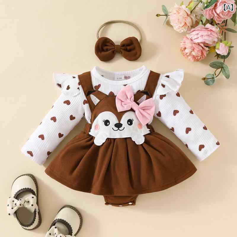 Dresses - ワンピース ベビー 女の子 かわいい キュート ハート キツネ 長袖 フェイクサロペットデザイン 裏起毛 暖かい プリント柄 Aライン 綿 コットン ニット素材 ポリエステル 秋冬 普段着 お出かけ ルームウェア ダークブラウン ピンク ラベンダー