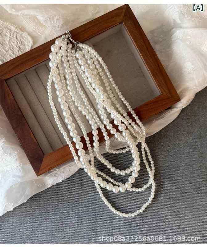 ネックレス レディース 女性用 フェイクパール パール 五層 多層 重ね付け フレンチスタイル エレガント 上品 高級感 鎖骨チェーン チョーカー セーターチェーン 秋冬