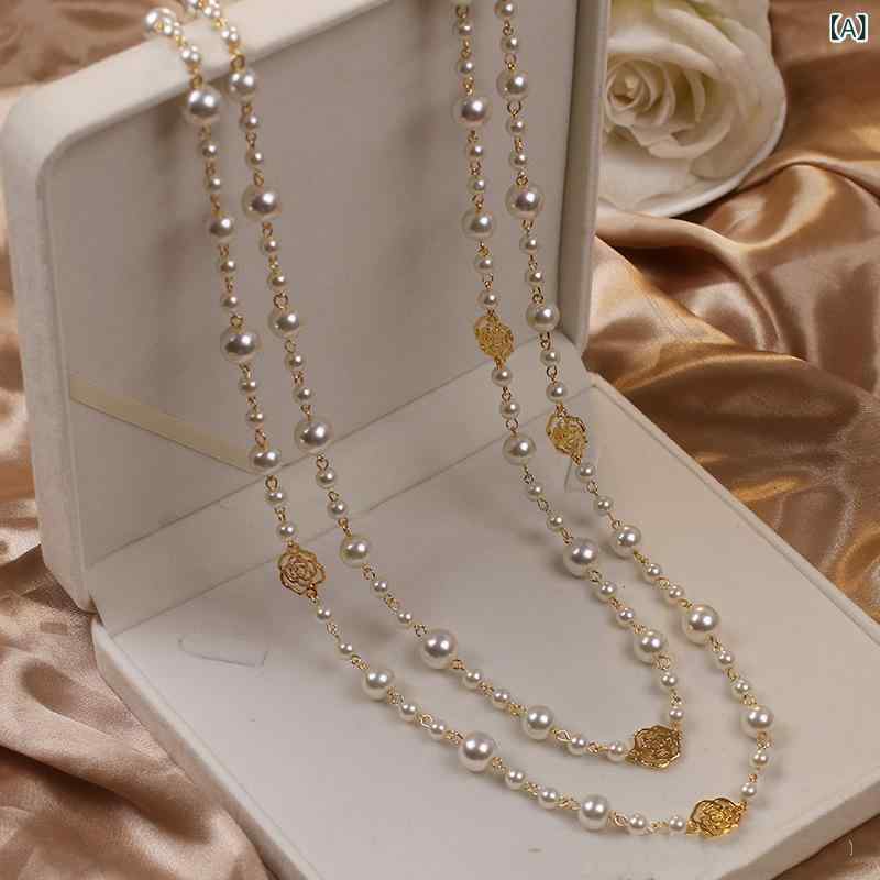 Cubic Zirconia - ネックレス レディース 女性用 透かし細工 山茶花 パール パール ロング丈 重ね付け風 925シルバーペンダント 電気メッキ加工 韓国風 フェミニン 清楚系 春夏 ファッション小物