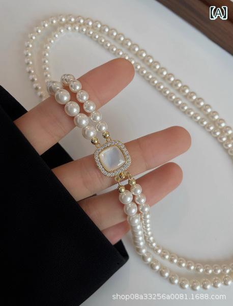 ネックレス レディース 女性用 秋冬 ダブルレイヤー ロング丈 パール フェイクパール 二連 ペンダント ..