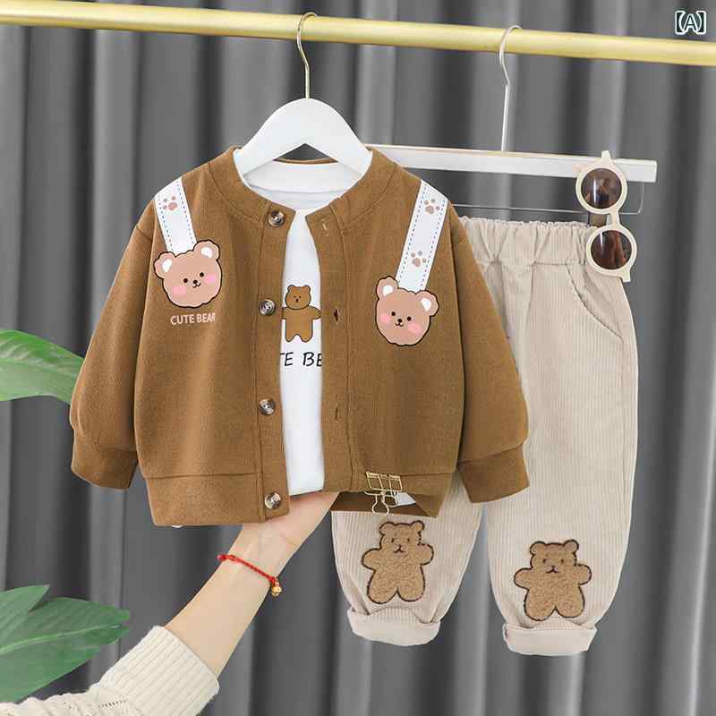 セットアップ 男の子 ベビー 幼児服 1-4歳 韓国風 オルチャンスタイル クマ柄 おしゃれ かわいい 長袖 プルオーバートップス ロングパンツ 綿素材 コットン 3点セット スリーピース 春秋 カジュアルウェア(4.0)