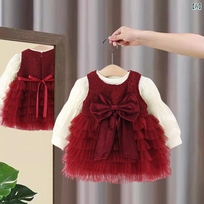 ドレス 女の子 ベビー 春夏 ファーストバースデー 誕生日 セレモニー 結婚式 発表会 お呼ばれ プリンセス 上品 エレガント かわいい 大きな リボン 綿 コットン 赤色 1歳 2歳 3歳 記念日 フォーマル 韓国風 ワンピースセット