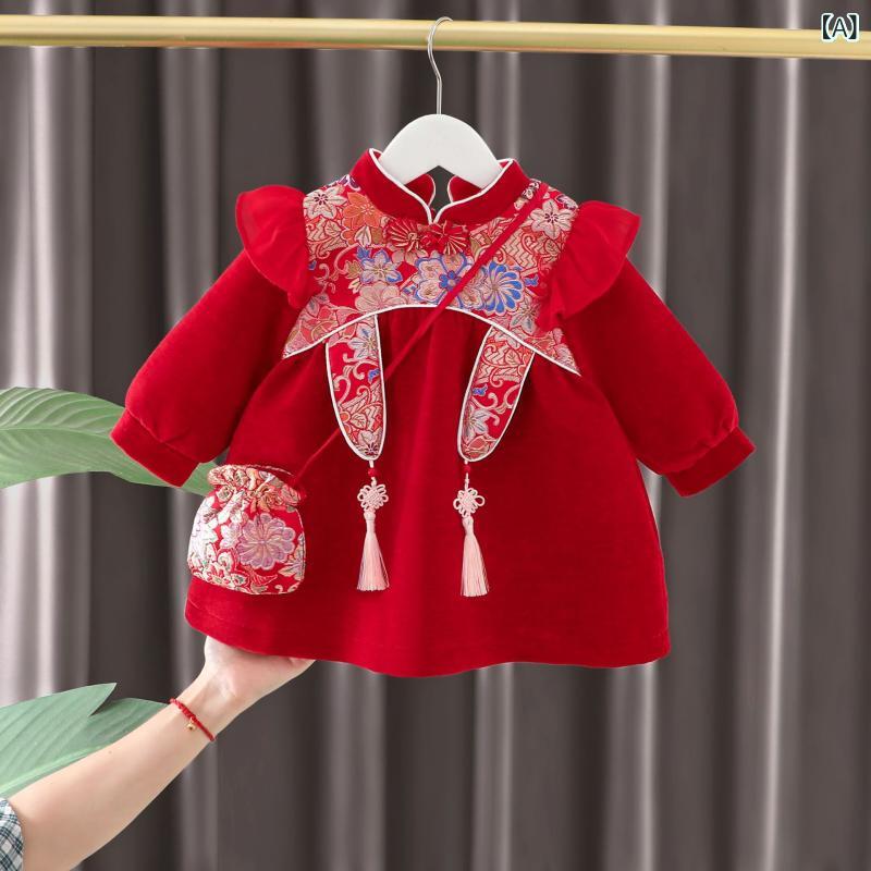 ワンピース ベビー 女の子 冬物 裏起毛 レトロ プリンセス 1歳 誕生日 セレモニー コットン 長袖 かわいい 韓国風 フォーマル 赤 レッド