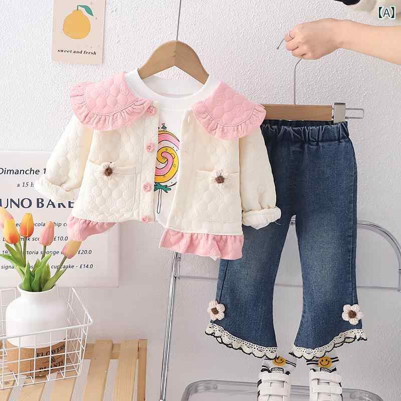 キッズ 女の子 ベビー 春秋 薄手 花柄 3点セット 綿素材 長袖トップス ロングパンツ カジュアル 韓国風..