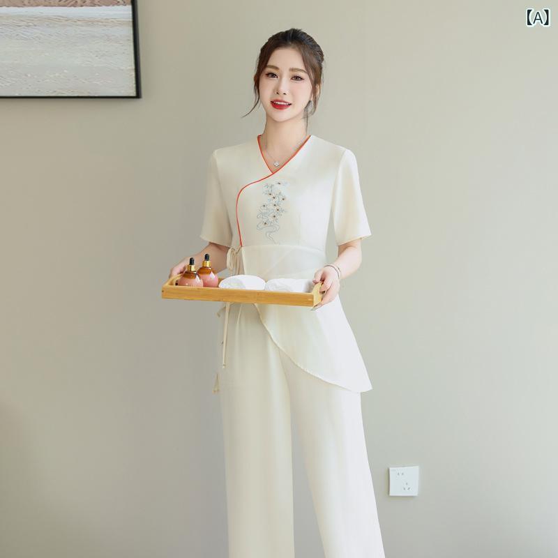 セットアップ レディース 春夏 美容院 エステサロン スタッフ ユニフォーム 制服 フットケア 細見え ワークウェア 女性用 ポリエステル アイボリー 上品 エレガント 動きやすい