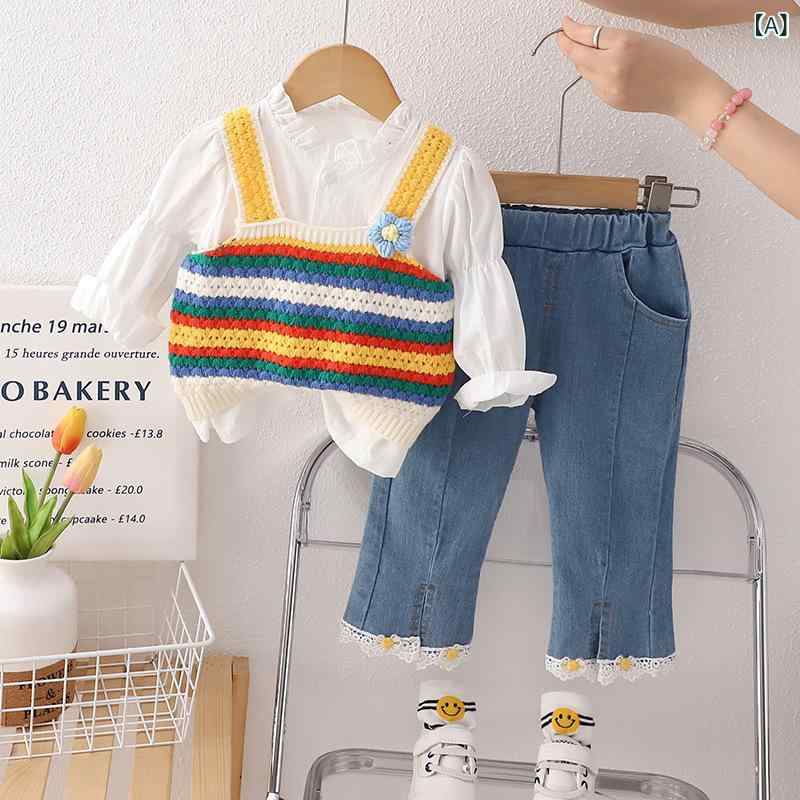 キッズ 女の子 3点セット おしゃれ ファッション トレンド かわいい プリンセス 春秋 韓国風 カジュアル 綿 コットン レインボー柄 ニット ブルー ピンク