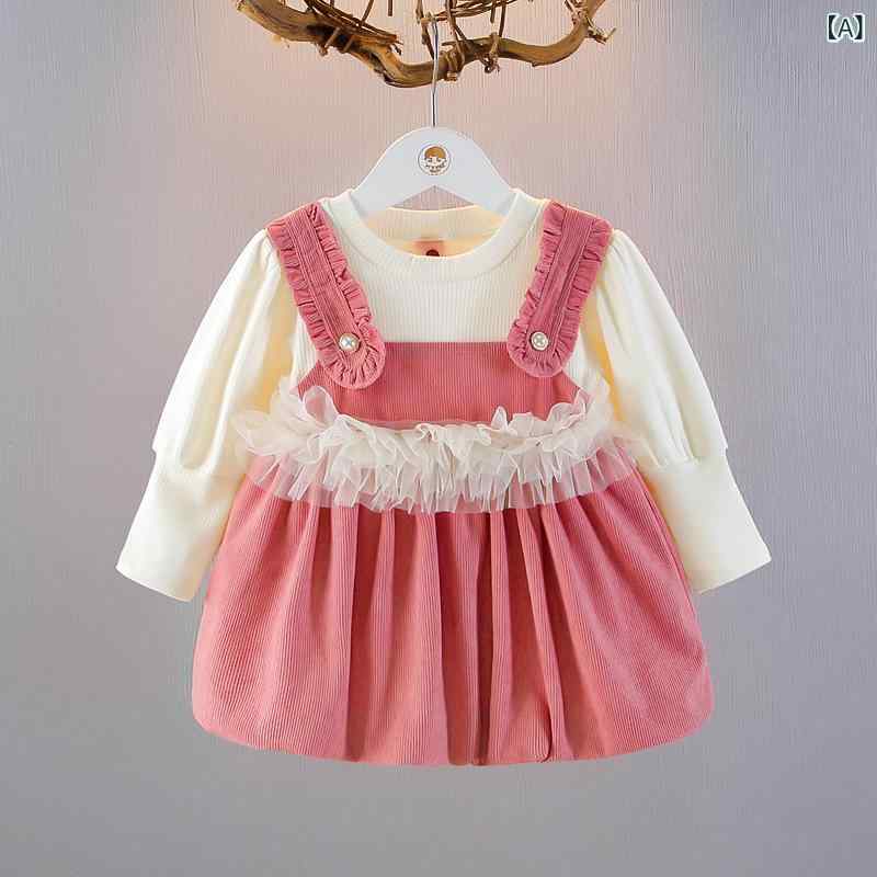 ワンピース ベビー 女の子 長袖 フェイクサロペット だまし絵 プリンセスドレス 無地 綿 コットン 普段使い お出かけ 幼児服 子供服 春秋 おしゃれ かわいい ピンク チョコレート色