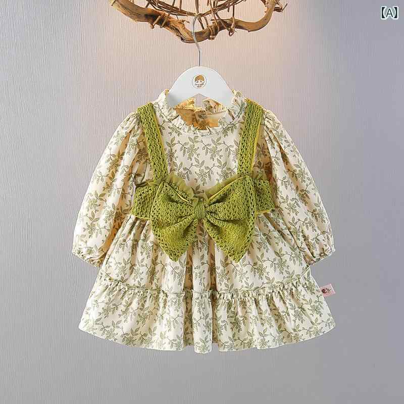 ワンピース 女の子 ベビー キッズ 幼児 長袖 花柄 森ガール風 フェイクサロペット風 プリンセスドレス コットン 綿 春秋 お出かけ かわいい グリーン チョコレート色