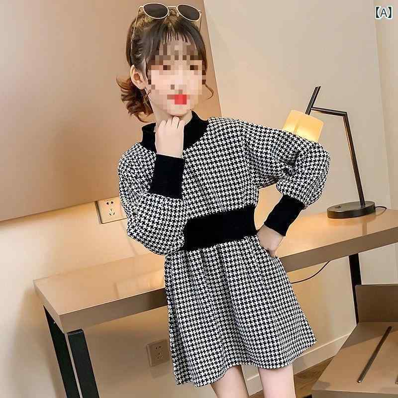 ワンピース 女の子 子供服 キッズ 秋冬 長袖 プリンセスドレス 韓国風 コーデュロイ チェック柄 Aライ..