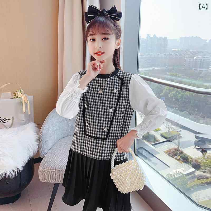 ワンピース キッズ 女の子 女児 パフスリーブ 切り替え チェック柄 長袖 春秋 綿混 ポリエステル 普段使い お出かけ やわらか フレア プリンセス風 ジュニア かわいい 黒 ブラック