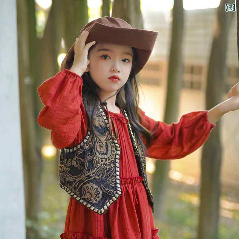 ドレス キッズ 女の子 長袖ドレス ベスト ジレ 2点セット セットアップ 赤 レッド 異国情緒 エキゾチック Aライン 綿混 かわいい おしゃれ 秋 秋冬 お出かけ 記念写真 発表会 パーティー