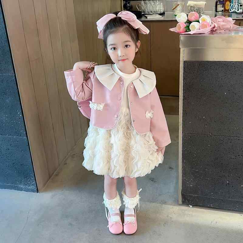 ワンピース 女の子 キッズ プリンセスドレス レース フリル裾 ふわふわ ボアジャケット ツーピース セットアップ 春秋 ピンク おしゃれ かわいい 柔らか素材