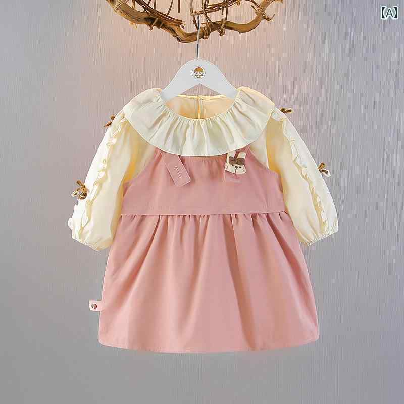 セットアップ ベビー 女の子 ジャンパースカート サロペットスカート 長袖カットソー 2点セット 春秋 コットン 綿96% プリンセス風 無地 おしゃれ かわいい ピンク チョコレート