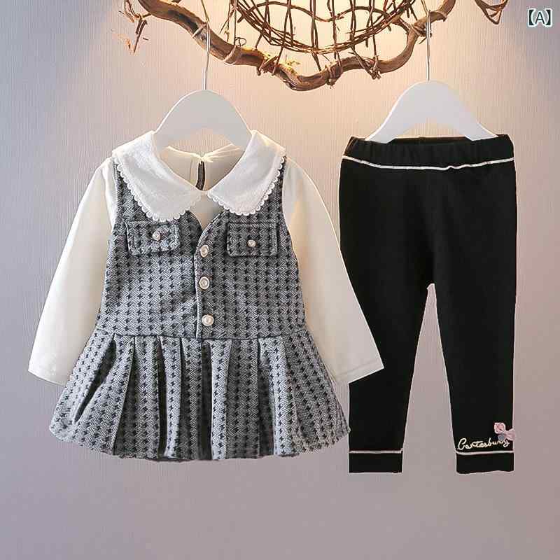 セットアップ キッズ 女の子 ベビー スカート ドールカラー 丸襟 小柄チェック柄 スリーピース プルオーバー 長袖 コットン カジュアル 幼児 秋冬服