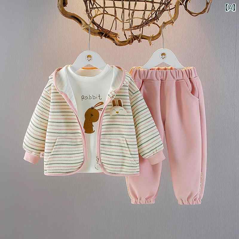 ベビー服 女の子 3点セット セットアップ 春秋 ストライプ柄 フード付き 長袖 長ズボン カジュアル お..