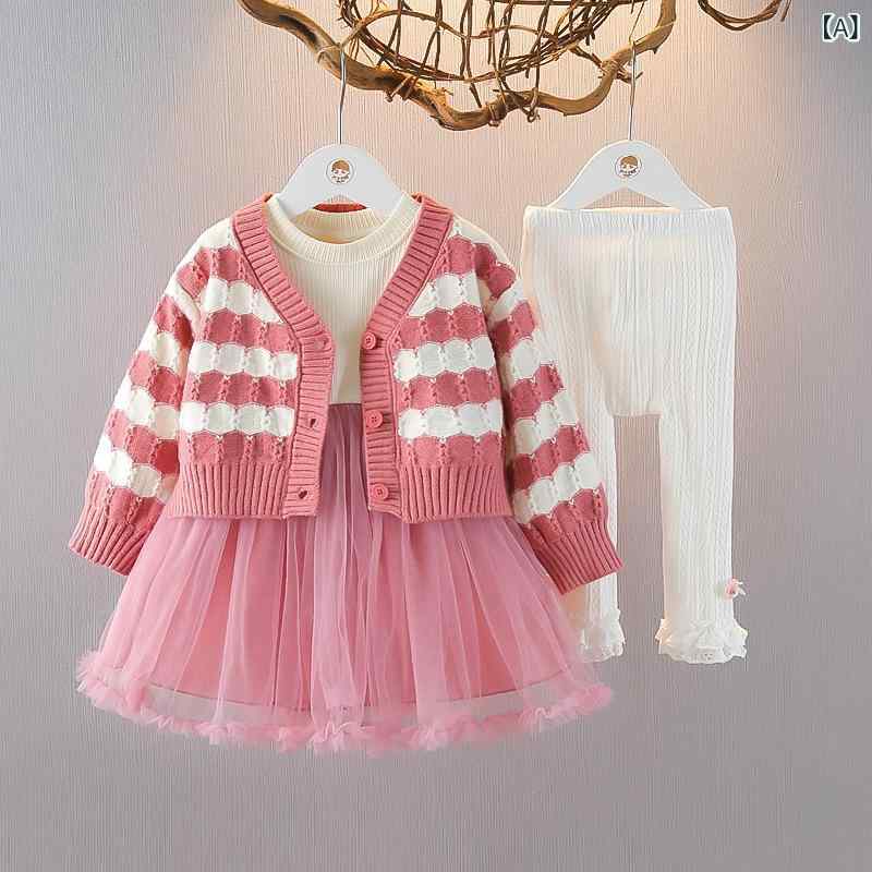 キッズウェア 女の子 ベビー 女児 1-3歳 幼児 秋 ストライプ柄 長袖 ニット トップス 綿96% かわいい プリンセス風 チュールスカート レッド 赤 3点セット 普段使い お出かけ
