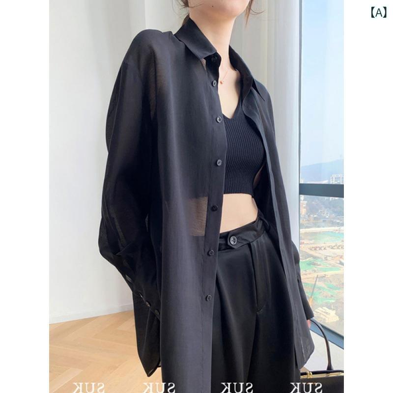 シャツ レディース シフォン シアー ミドル丈 長袖 ポロ襟 羽織り カーディガン 日焼け対策 UVカット 夏 薄手 軽量 ゆったり 高級感 きれいめ 通勤 トップス