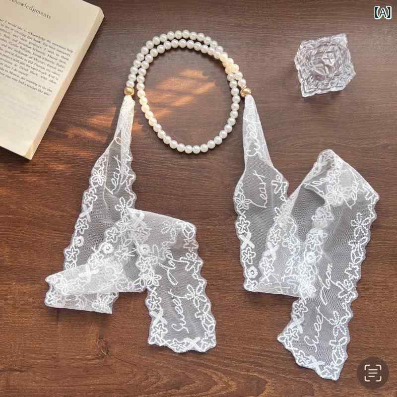 スカーフ パール レース 重ね付け レイヤード ロング 多機能 シルク ストール ヘアバンド ネックレス ..