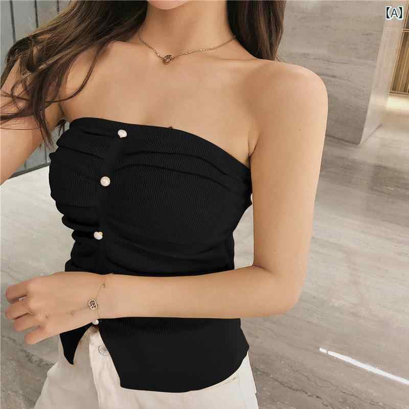 トップス レディース 女性用 春夏 セクシー 魅力的 プリーツ ギャザー ニット Tシャツ ノースリーブ スリット オフショルダー ベアトップ 普段使い カジュアル デイリー おしゃれ ポリエステル