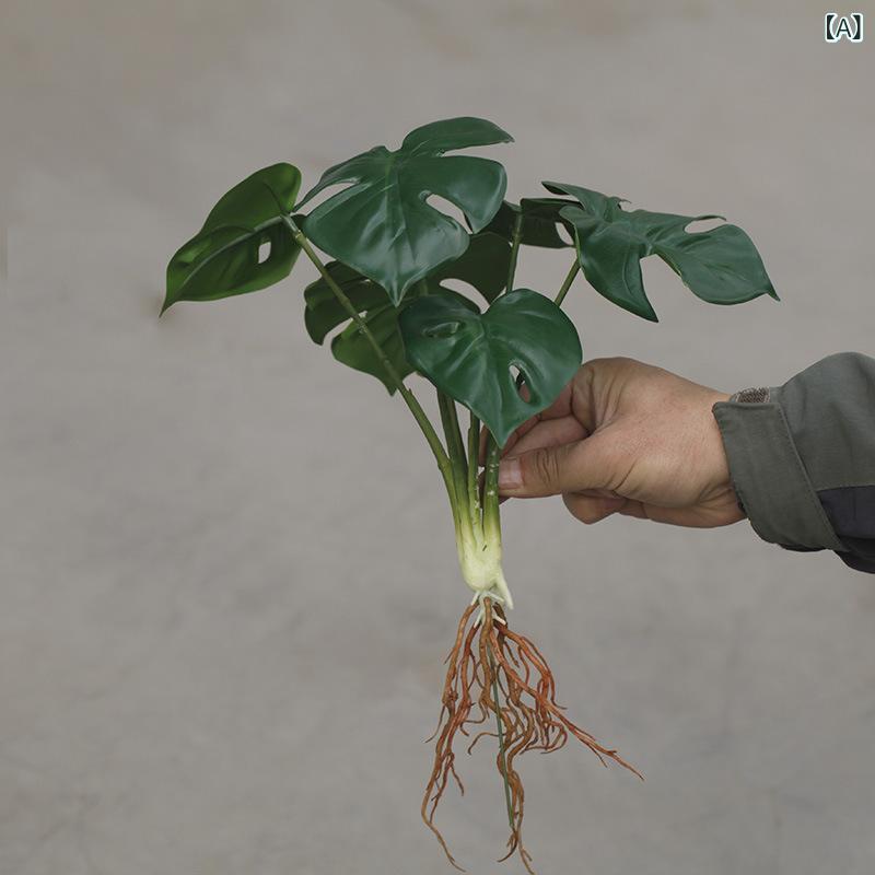 フェイクグリーン 北欧風 雨林 根茎付き 人工観葉植物 盆栽 リアルリーフ モンステラ リンゴの葉 インテリア ディスプレイ 結婚式 ウェディング装飾 本物そっくり 手触り良好 グリーン PVC素材