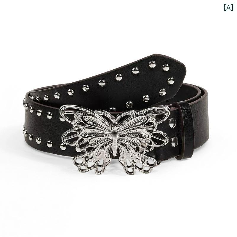 ベルト レディース 女性用 個性的 スタッズ 蝶モチーフ パンク風 高級感 PUレザー 合金バックル スナップボタン 多用途 カジュアル エレガント シンプル 欧米風 ライトラグジュアリー ブラック ローズレッド コーヒー 普通幅